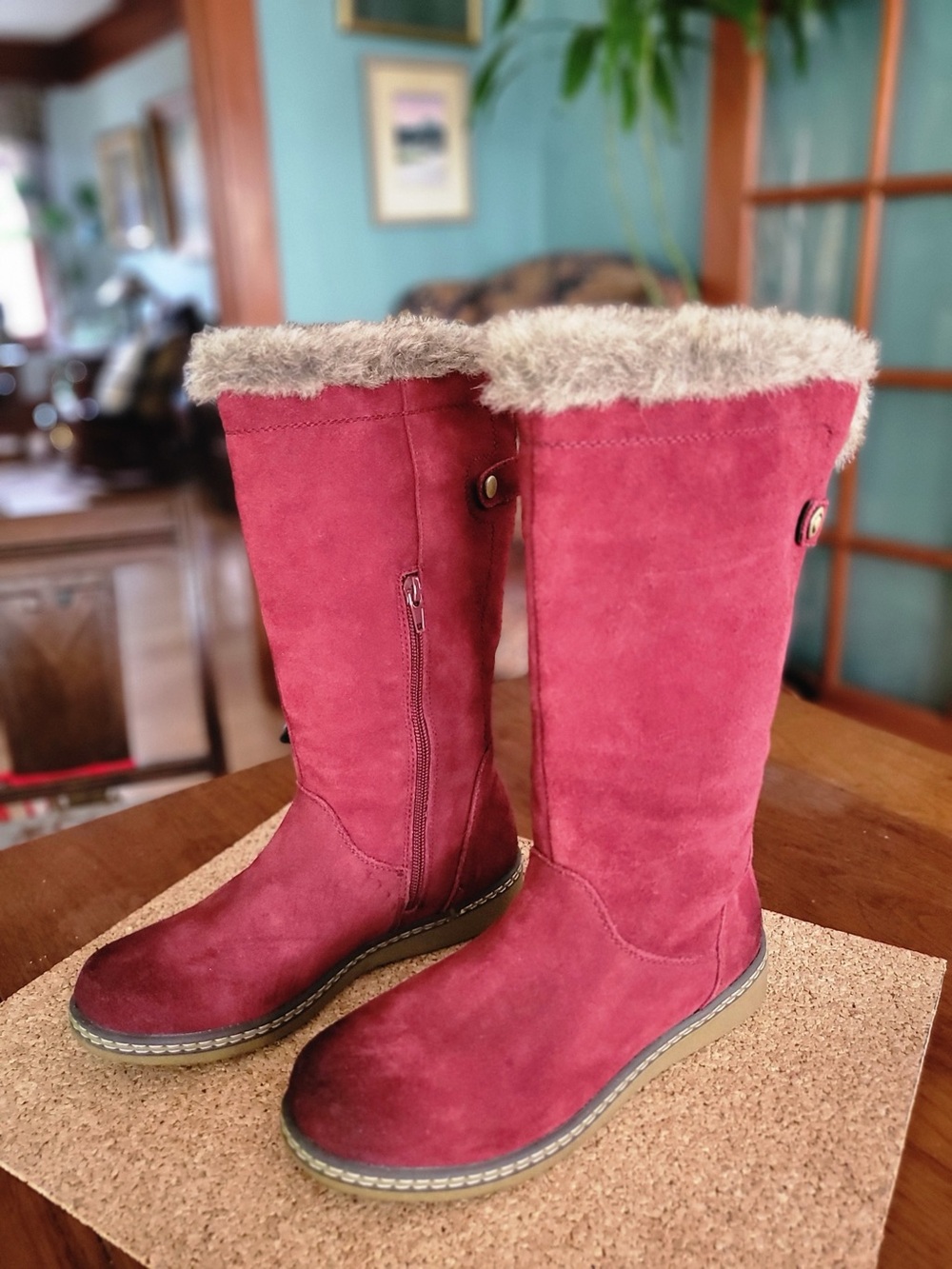Spring Step Burgundy Suede Leather Faux Fur Tall Boots EU 37 US 6.5–7